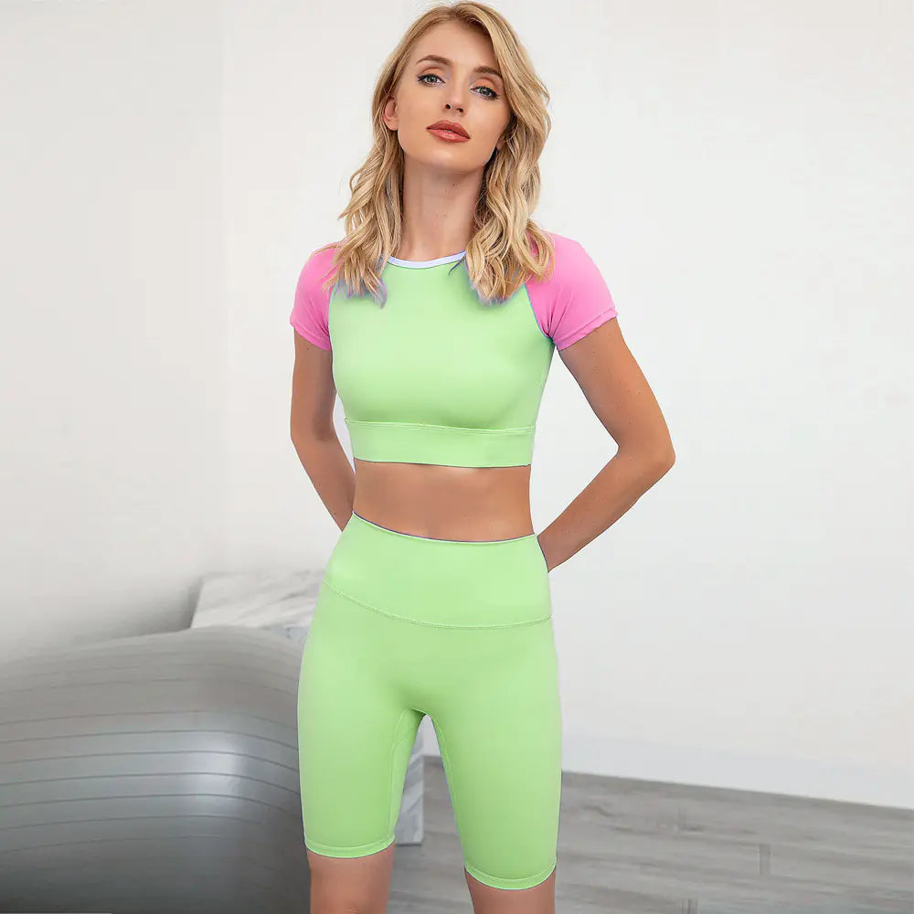 2020 INS Color Block Yoga Set with Shorts and Top
