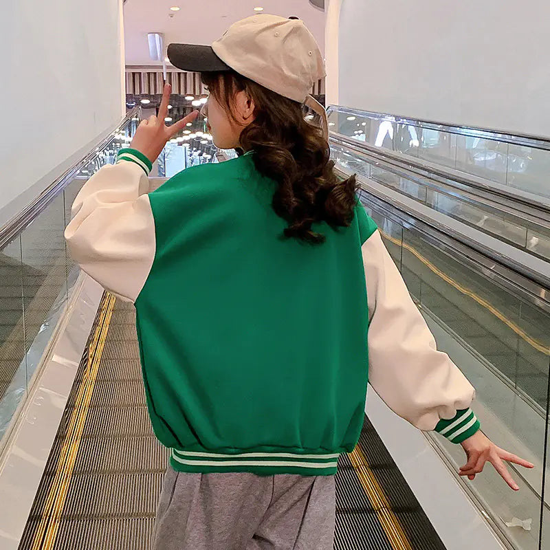 Kids Green Baseball Jacket for Spring & Autumn Wear