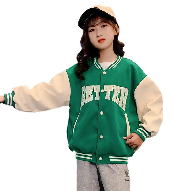 Kids Green Baseball Jacket for Spring & Autumn Wear