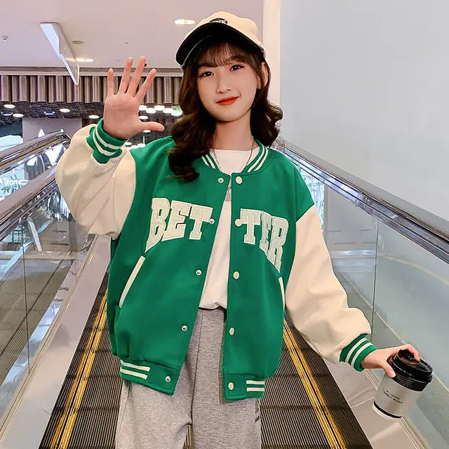 Kids Green Baseball Jacket for Spring & Autumn Wear