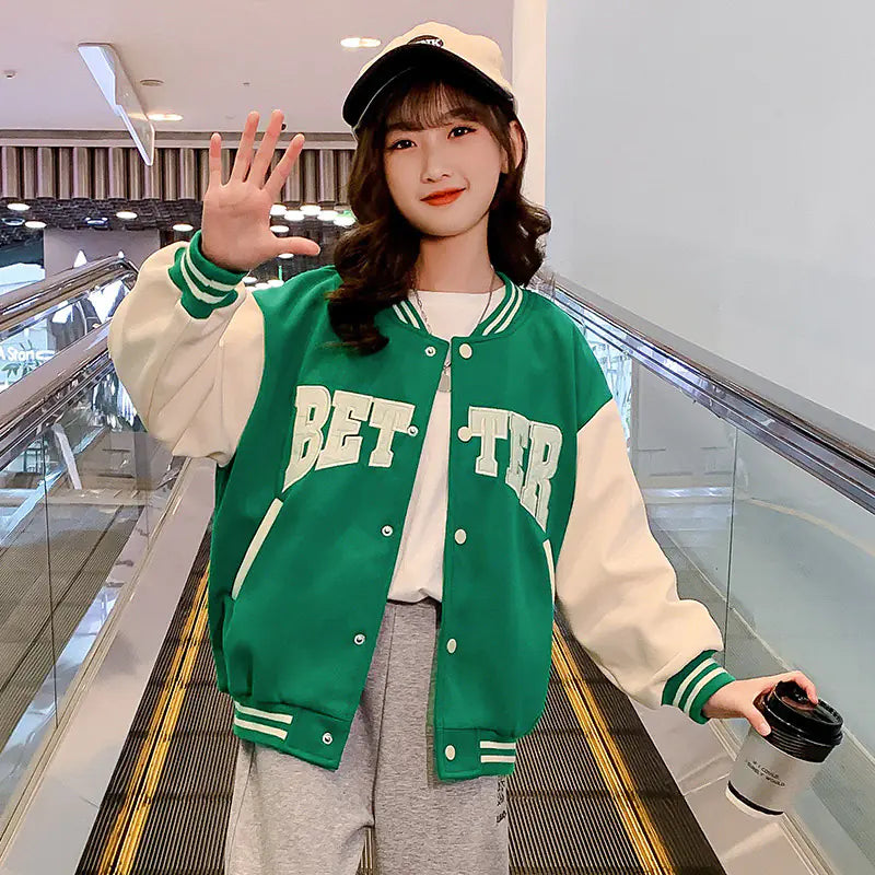 Kids Green Baseball Jacket for Spring & Autumn Wear